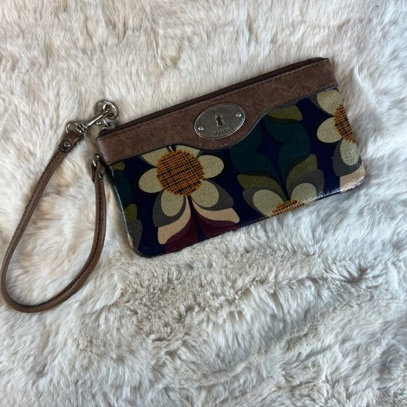 Fossil Key-Per Coated Canvas & Leather Zippered Wristlet Bag Wallet Floral Desig - Picture 1 of 4
